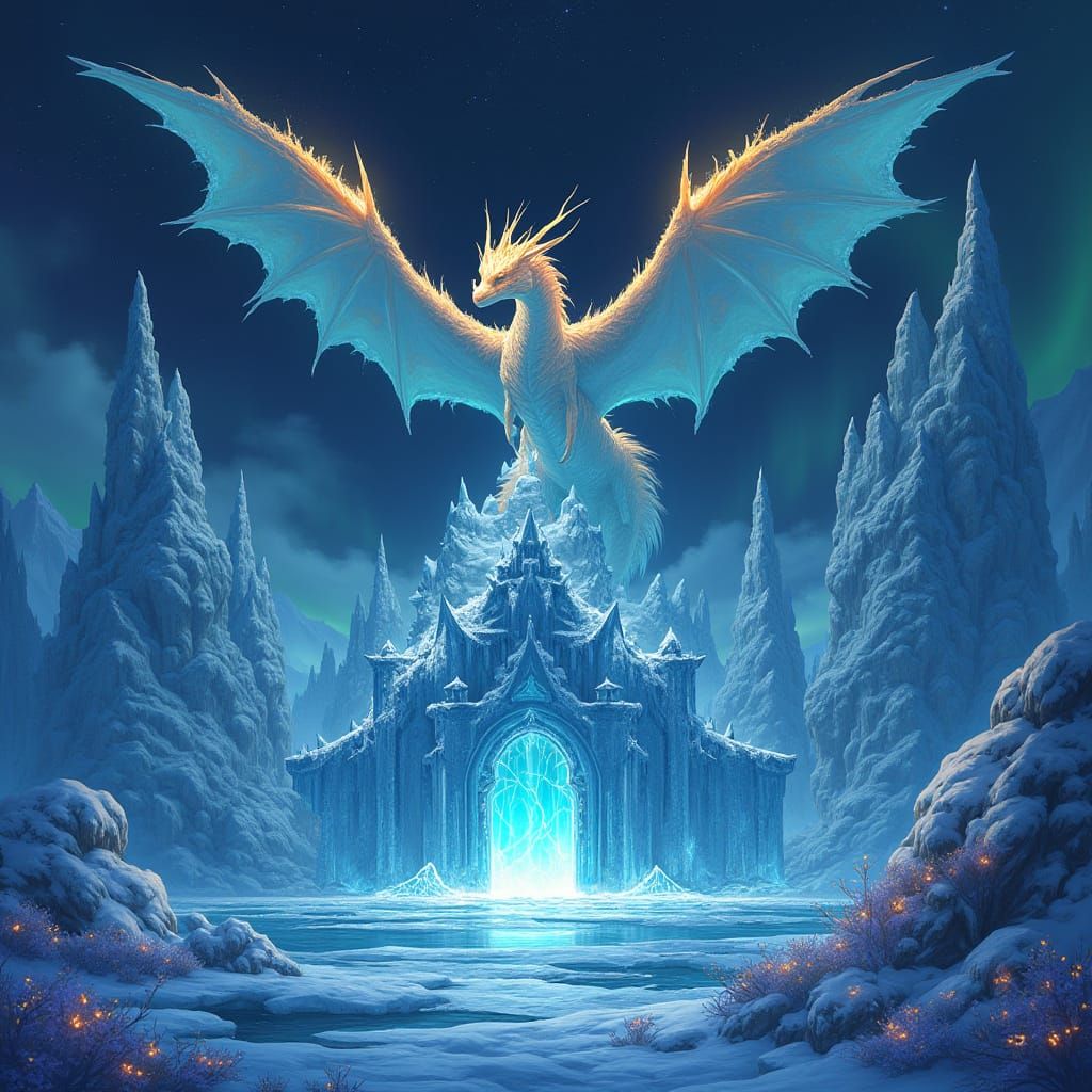 Ice City Guarded by Titans Under Northern Lights