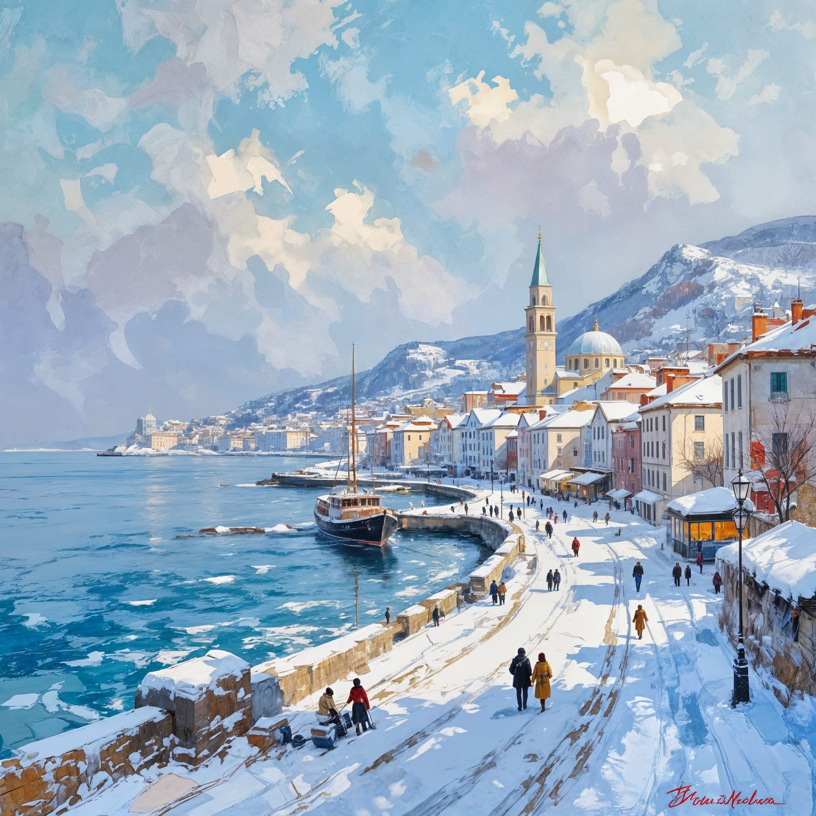 Winter Seaside City in Gouache Watercolor Style
