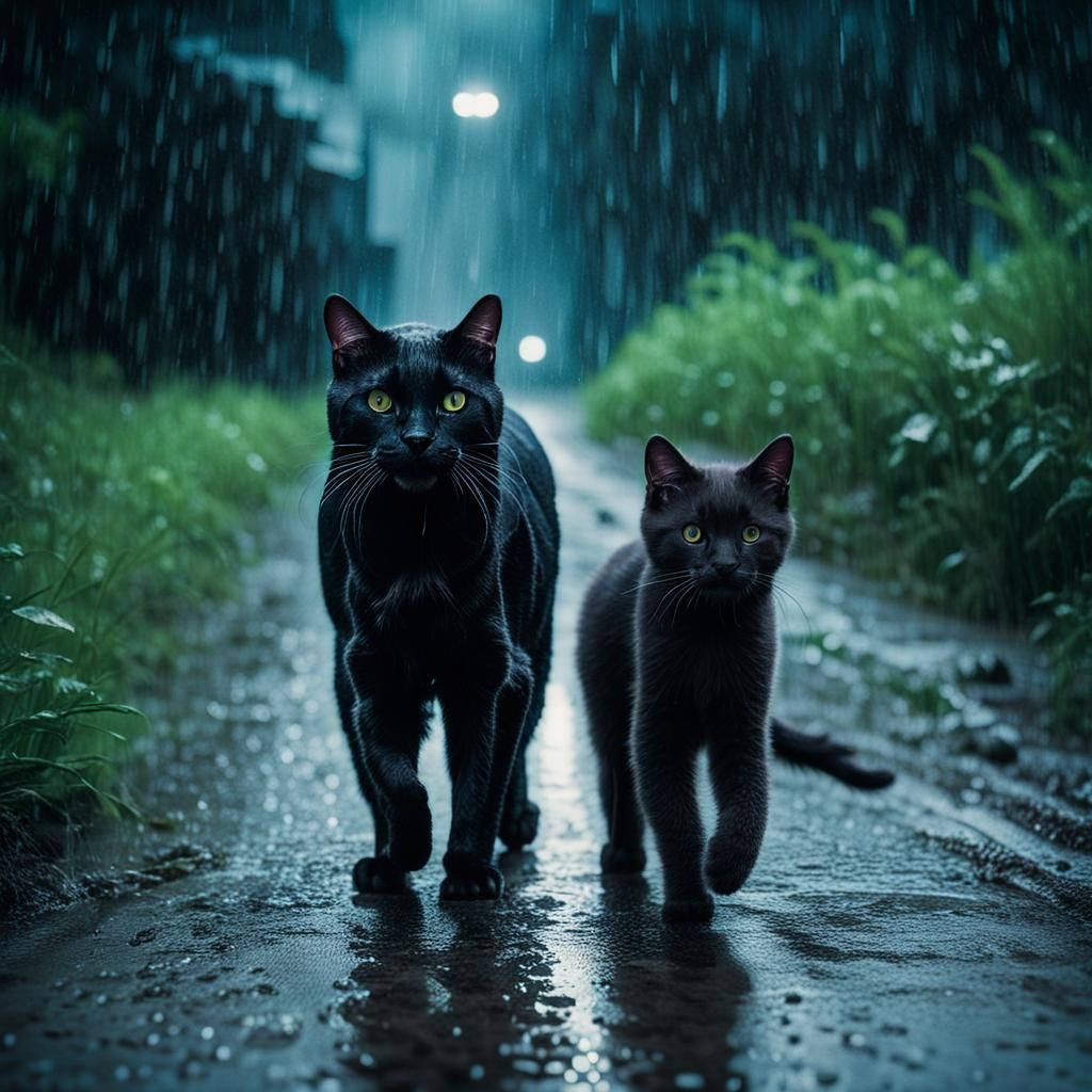 Black Cat and Cub in Rainy Cinematic Scene