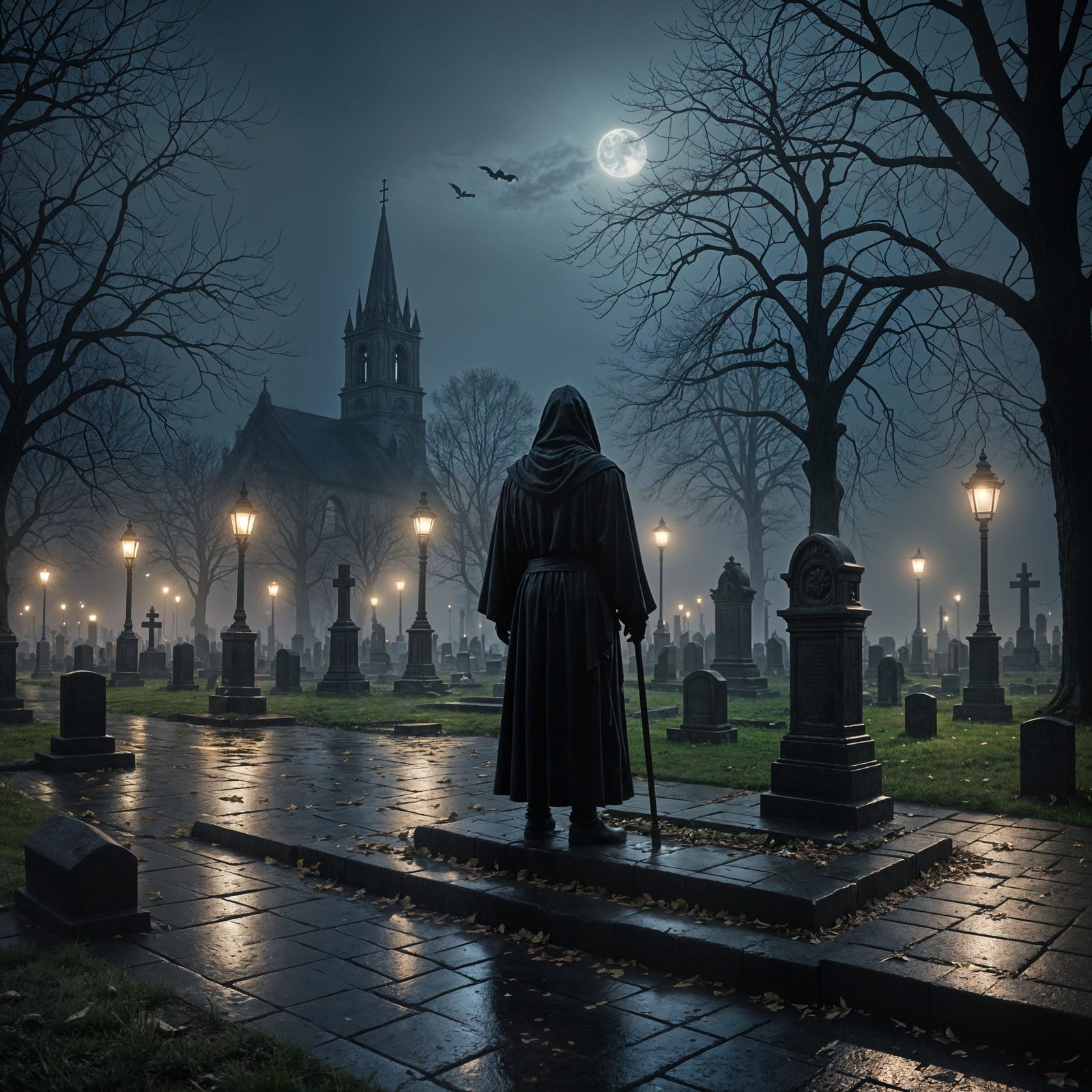 Grim Reaper Pays Respects in Foggy Cemetery