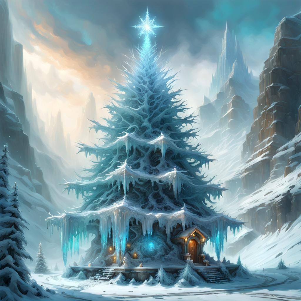 Icy Christmas Tree in Frozen Wasteland: Fantasy Art