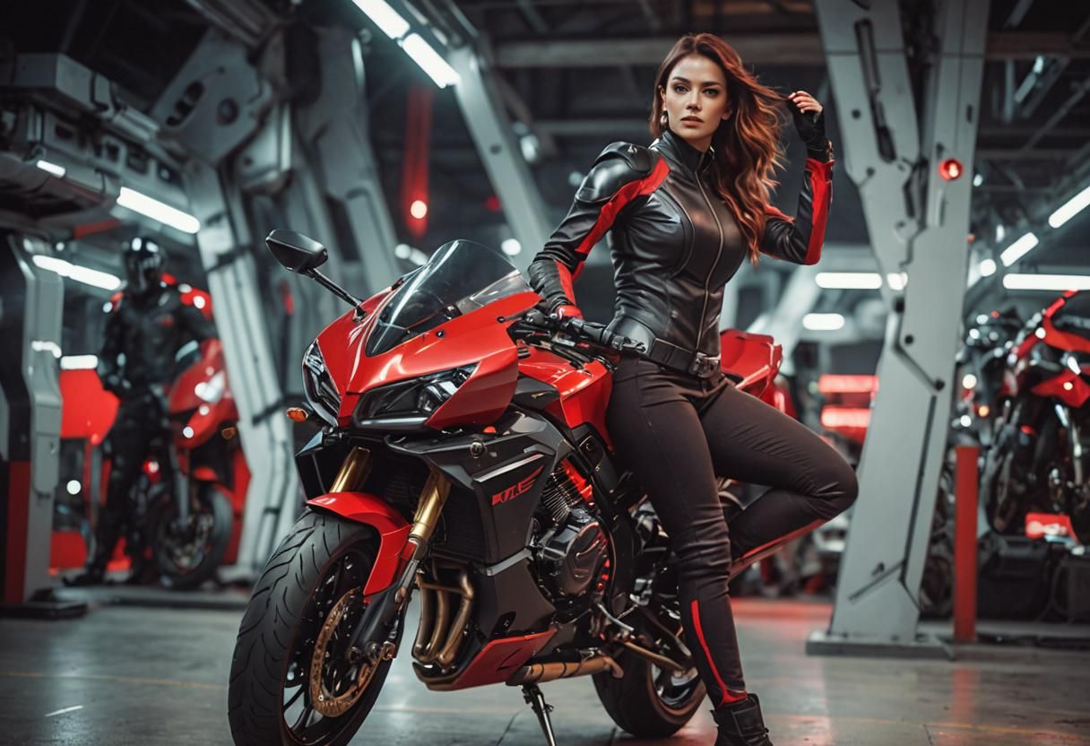 Futuristic Motorcycle and Woman in Cinematic Style