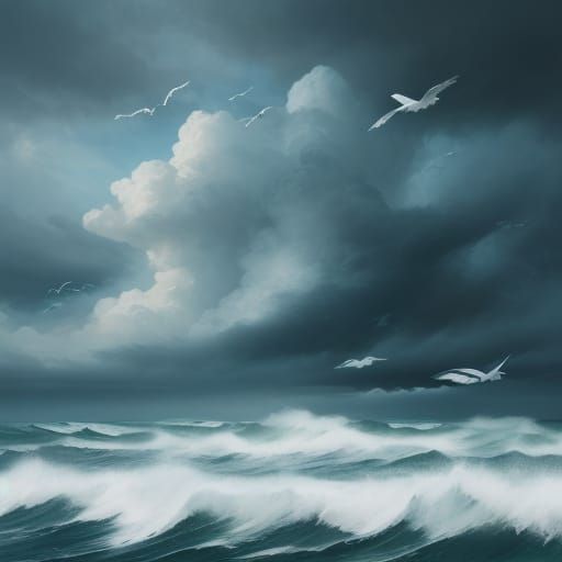 Seagulls Over Turbulent Ocean in Painterly Style