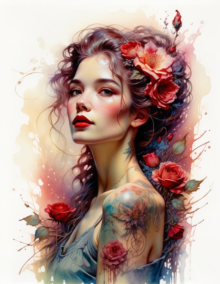 Mystical Woman in Twilight, Vintage Tattoo Oil Painting