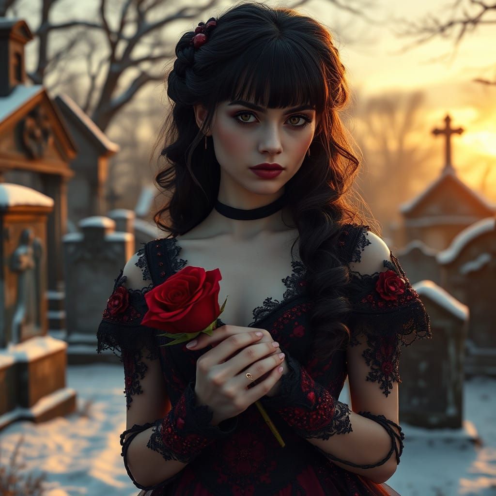 Ethereal Victorian Woman Holds Red Rose in Winter Cemetery