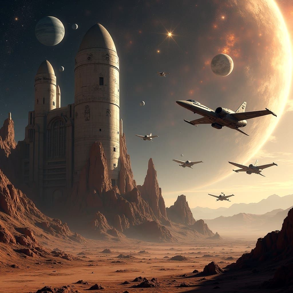 Futuristic Space Fighters Over Alien Missile Base