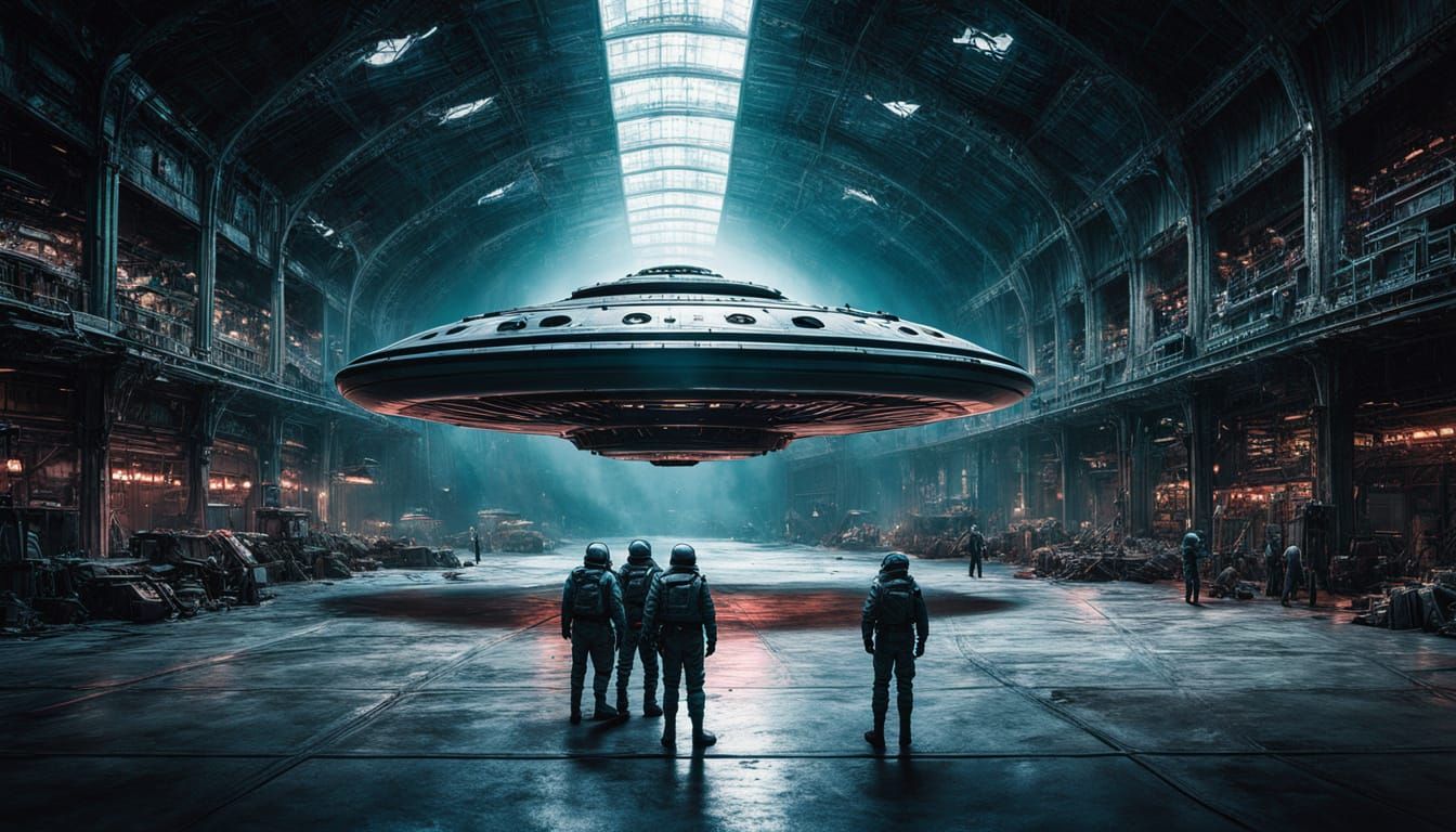 Alien Encounter in Military Hangar: Cinematic Film Still