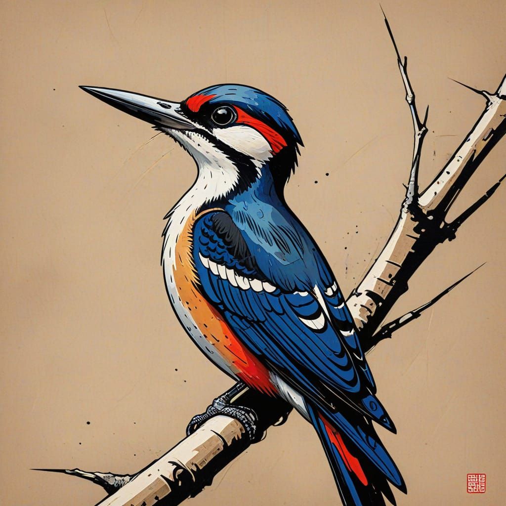 Stylized Woodpecker in Vibrant Sumi-e Brushstrokes