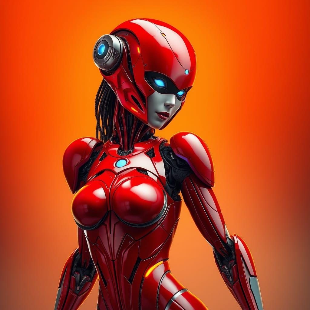 Red Female Robot in Cyberpunk Fantasy Style