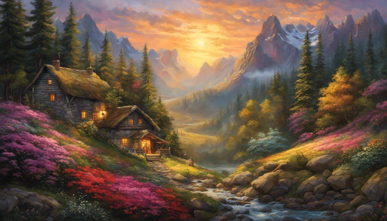 Mountain Landscape Painting with Waterfalls and Cabin