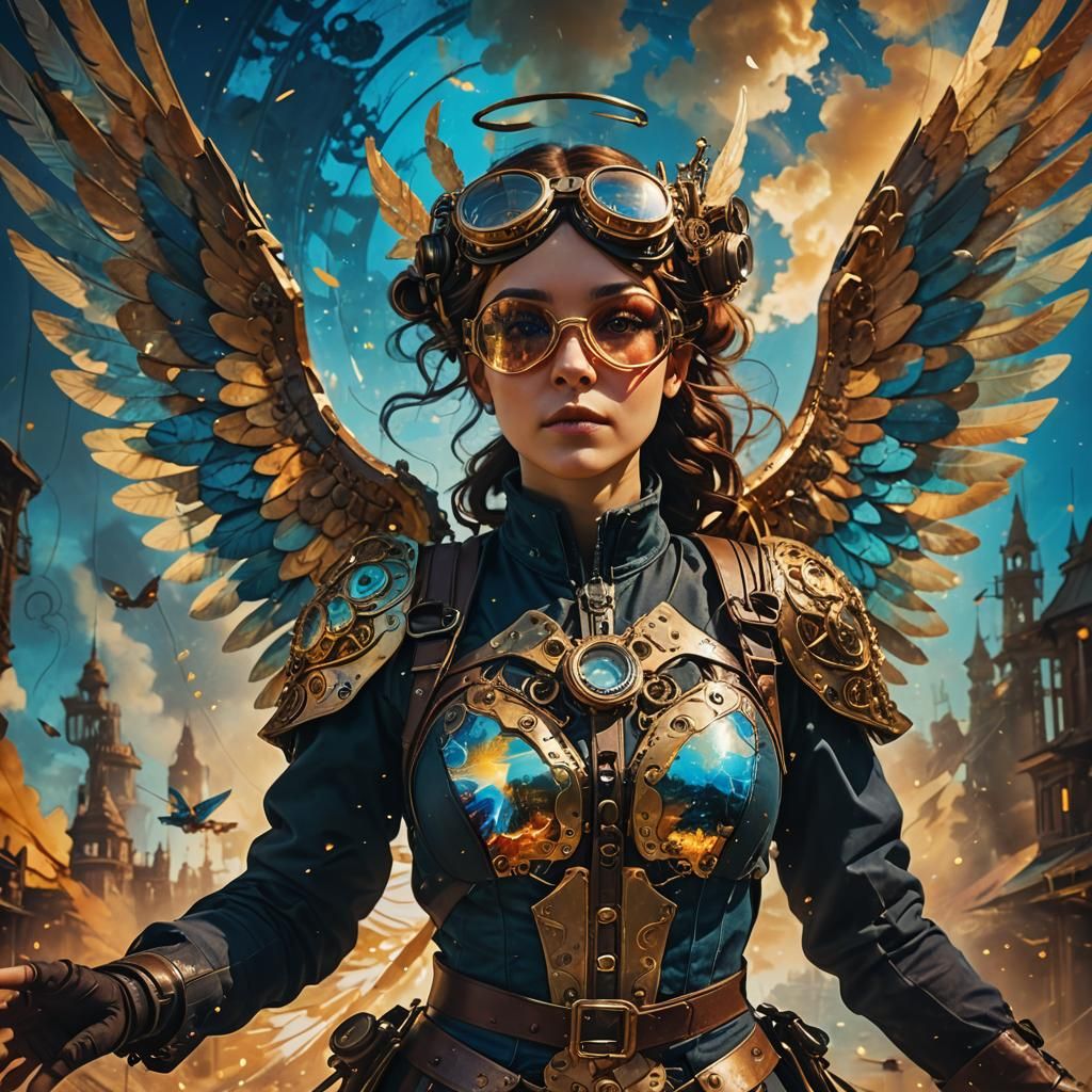 Steampunk Android Angel Soars in Metallic Landscape