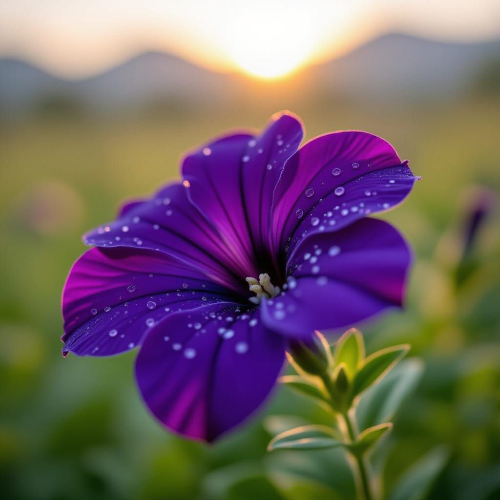 Vibrant Purple Petunia with Dew Drops in Golden Hour Light