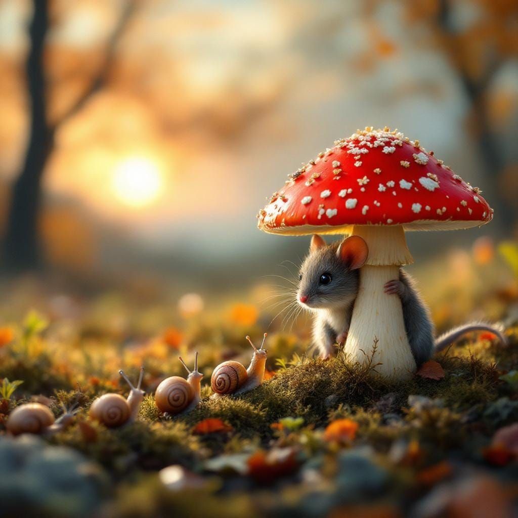 Shy Mouse Peeking Behind Red Mushroom in Autumn
