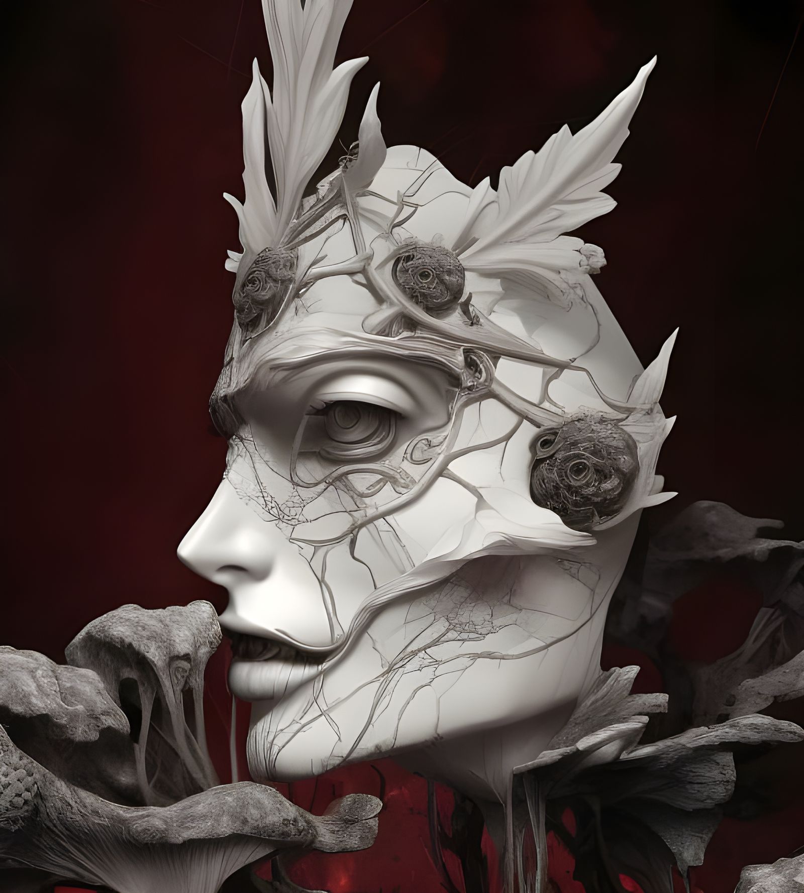 Dystopian Surreal Skull Sculpture in Biopunk Style