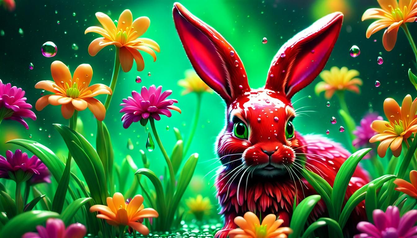 Hyper-Realistic Crimson Bunny with Green Droplets