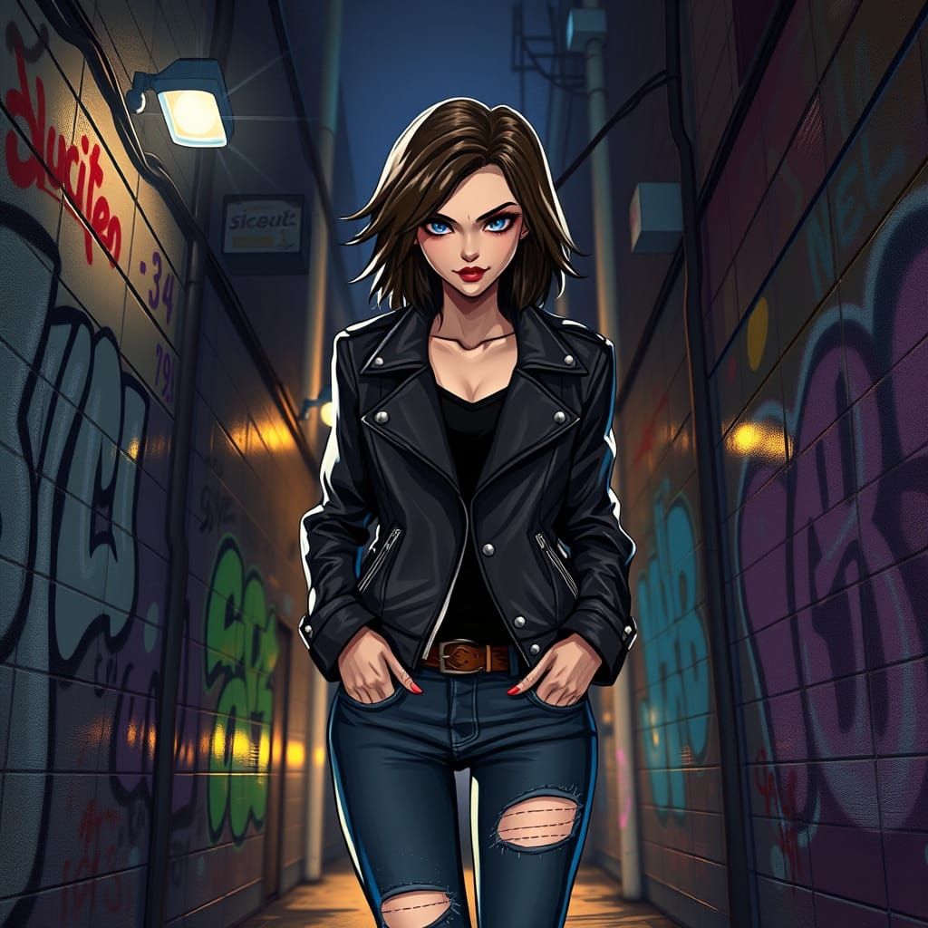 Mysterious Woman with a Mischief-filled Smile in Dark Alleyw...