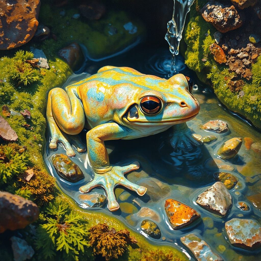 Iridescent Frog in Lush Creek: Impressionist Gouache Paintin...