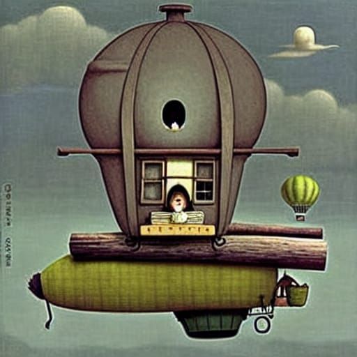 macha tea by shaun tan riding in a tiny house on top of a hot air balloon shaped like a log, style of john kenn mortense...