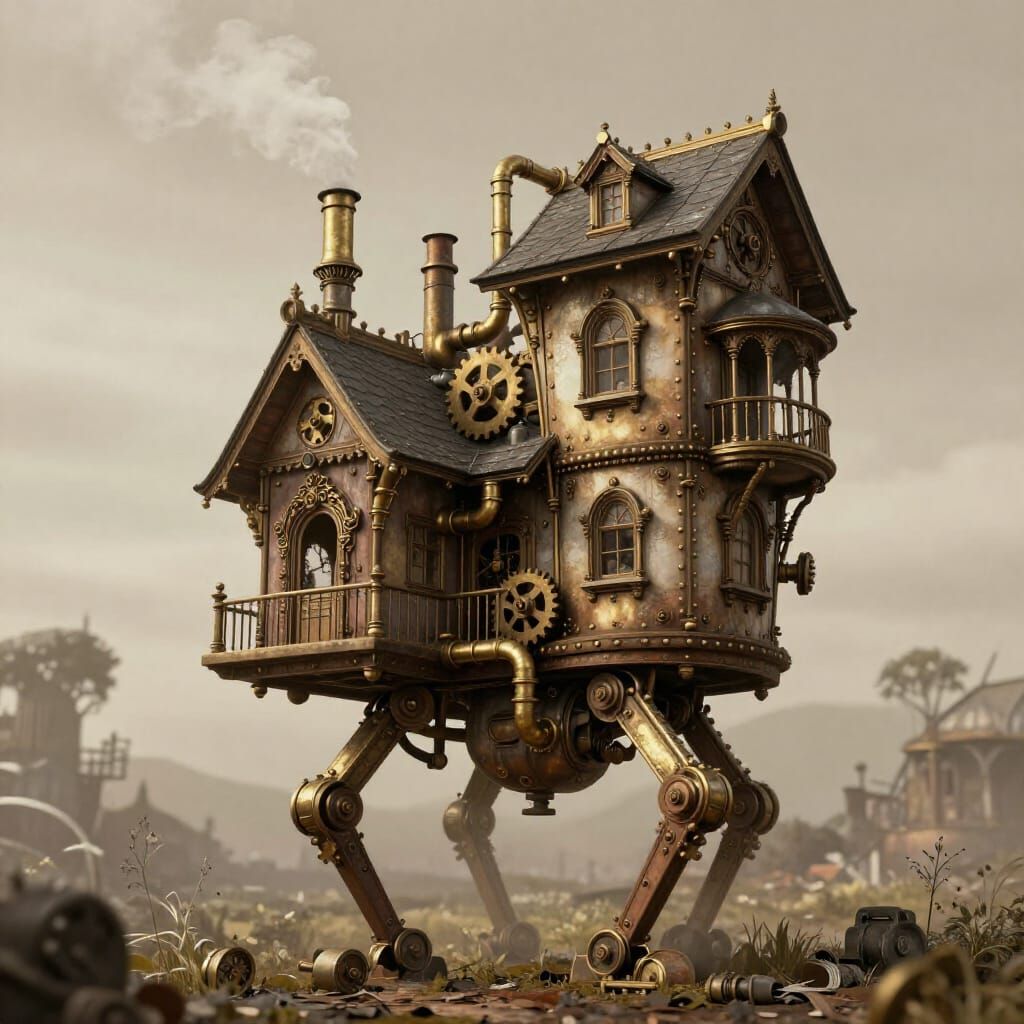 Whimsical Steampunk House on Mechanical Legs