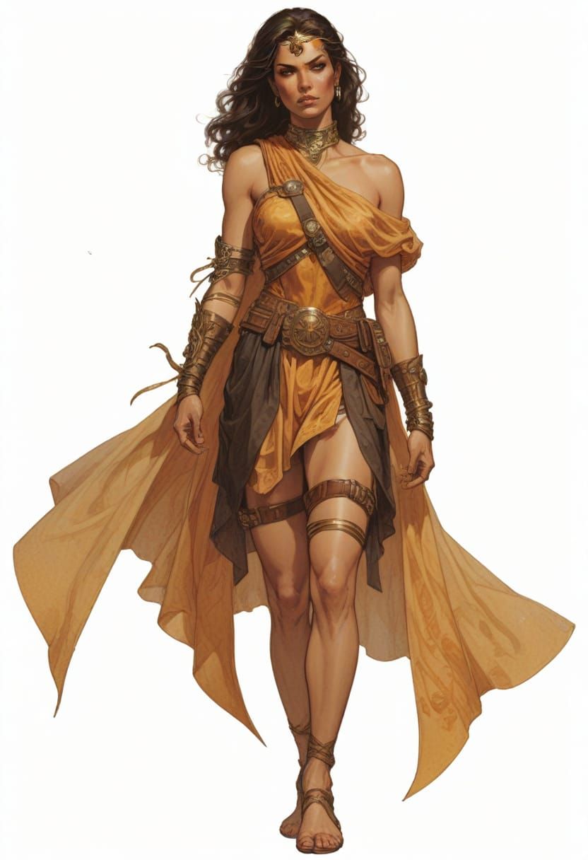 Barefoot Female Superhero in 3rd Century Extravagant Attire