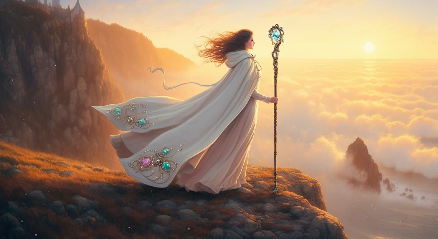 Ethereal Woman on Windswept Cliff at Golden Hour