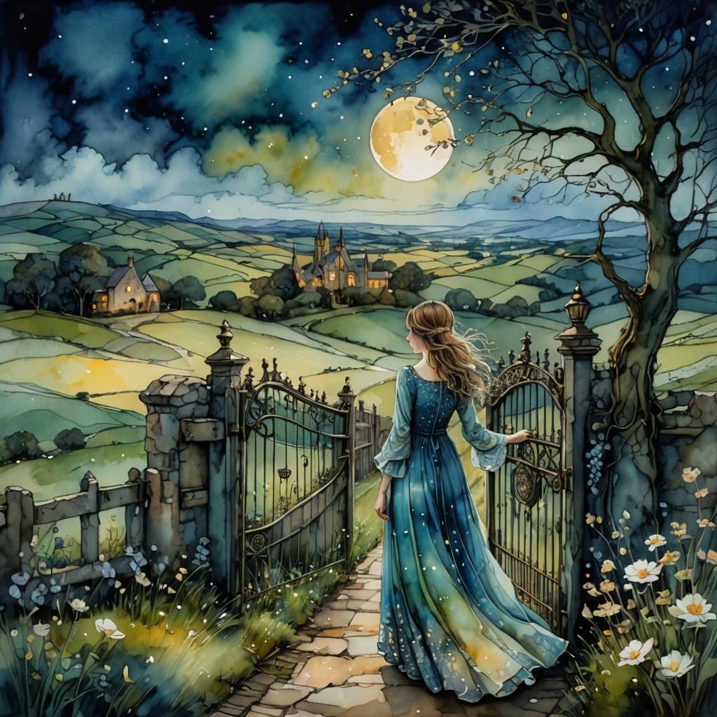 Moonlit Woman in English Landscape, Alcohol Ink Art