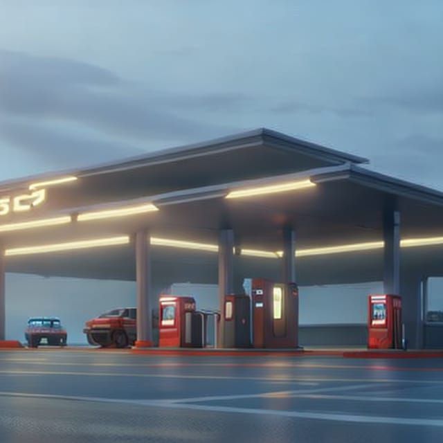 a single gas station with a sign in the fog