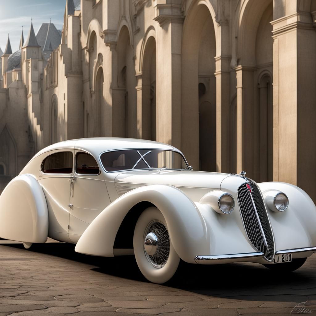 Aerodynamic White Car in Talbot Lago Style