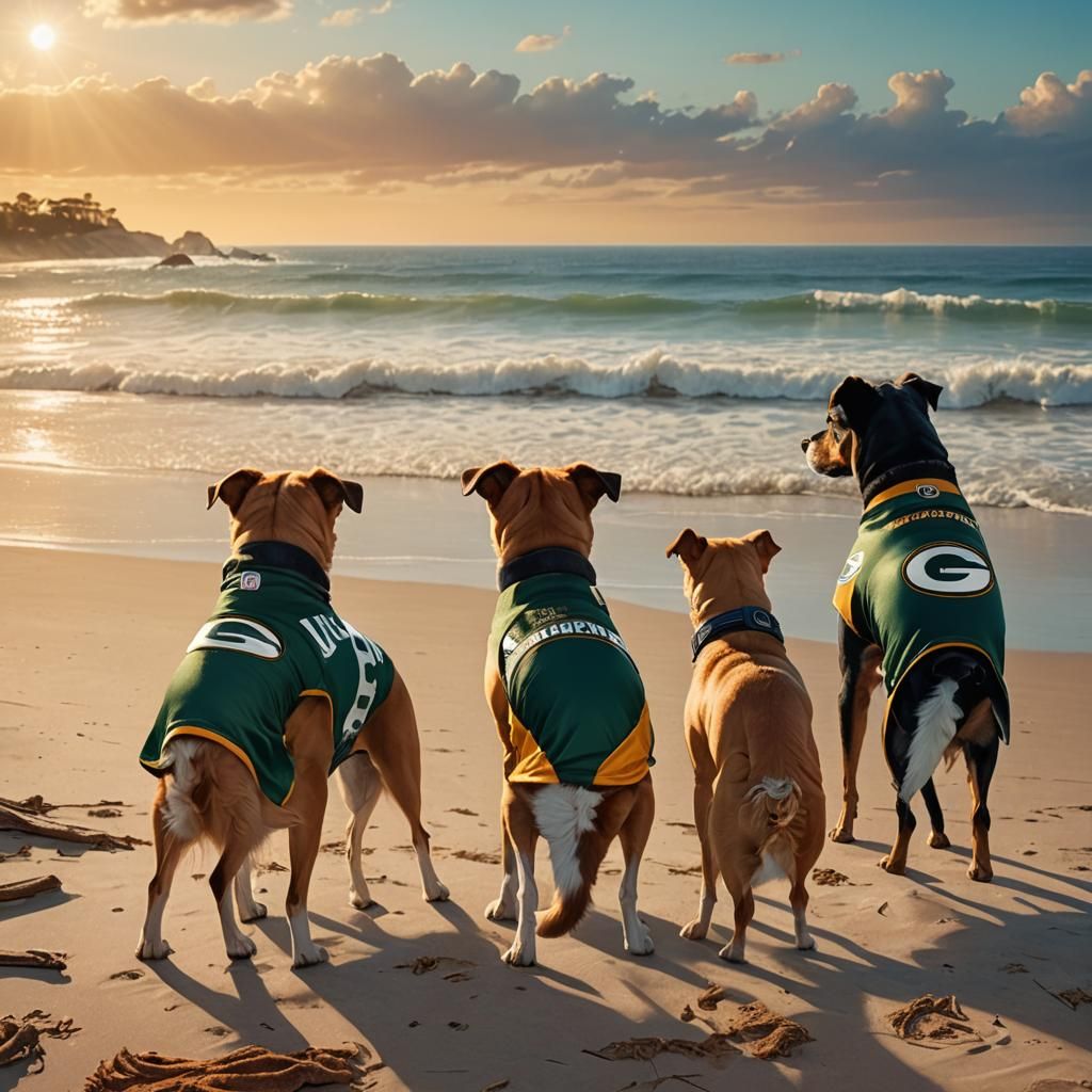 Dogs in Packers Jerseys on Beach, Art Nouveau Style
