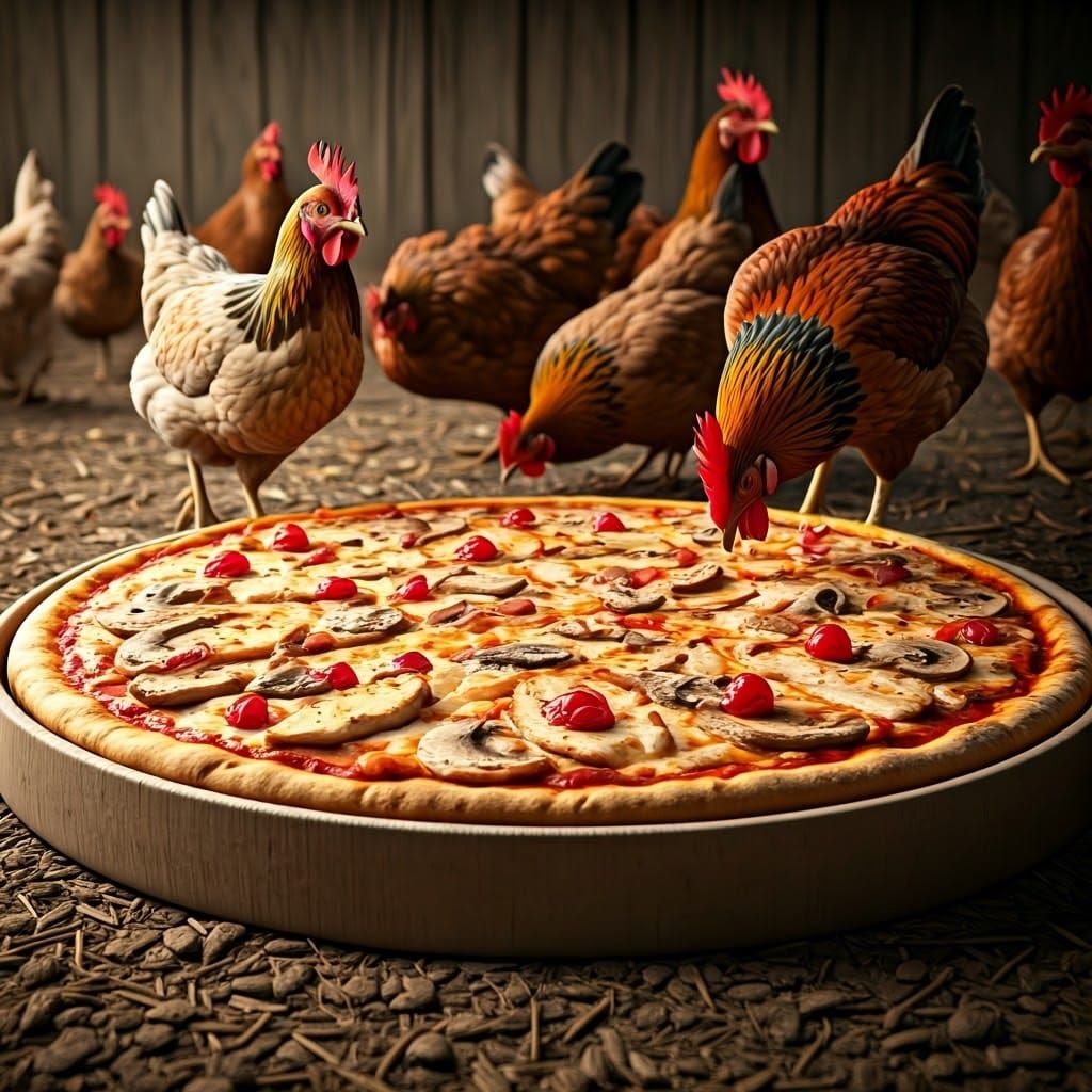 Colossal Chicken Mushroom Pizza in a Chicken Farm