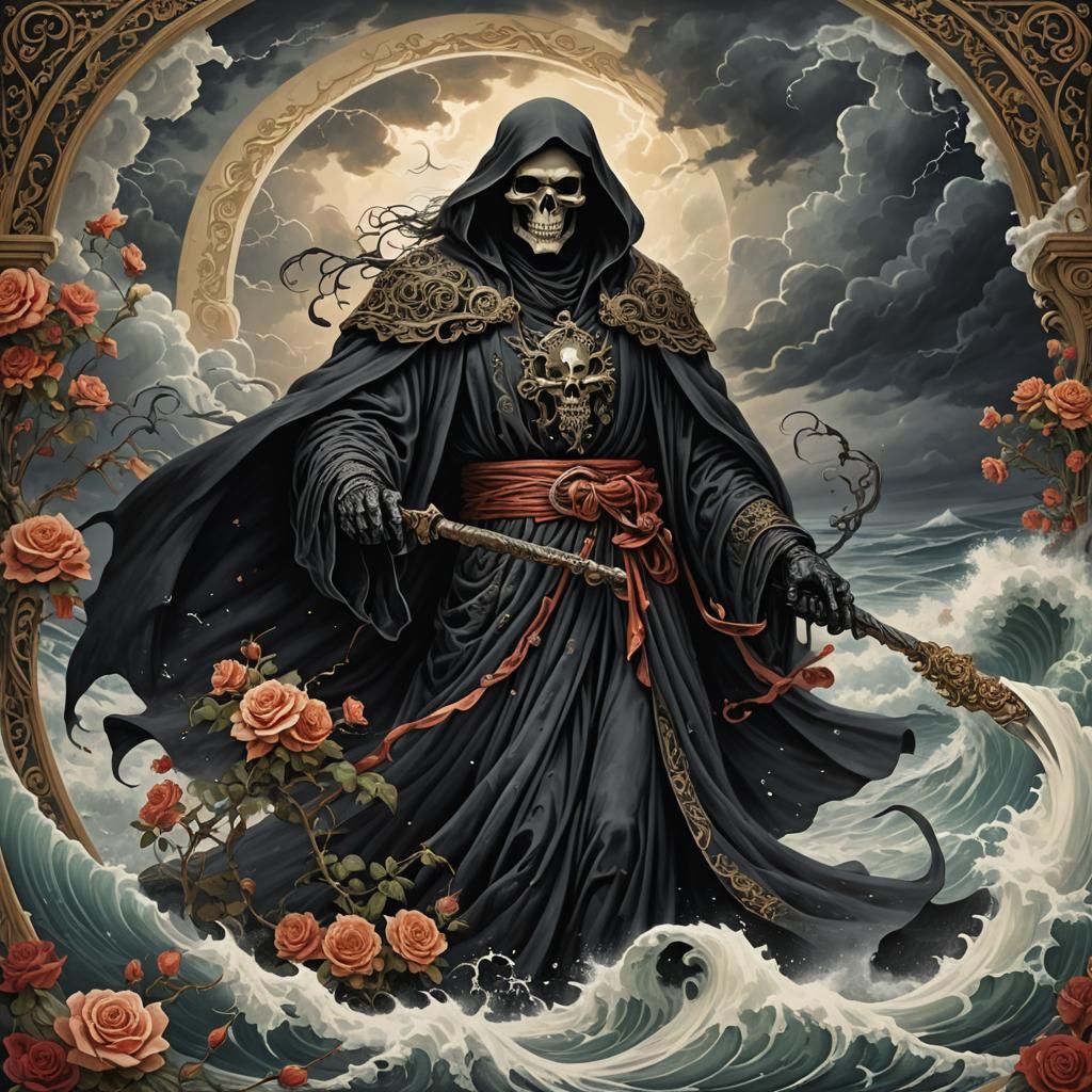 Grim Reaper Amidst Stormy Waves, Engraving Style