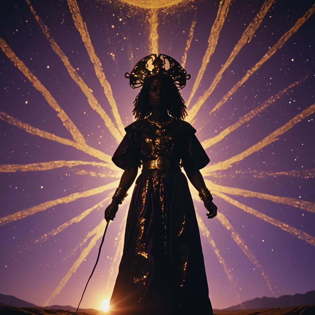 Orisha Silhouette with Golden Glow, Cinematic Film Still