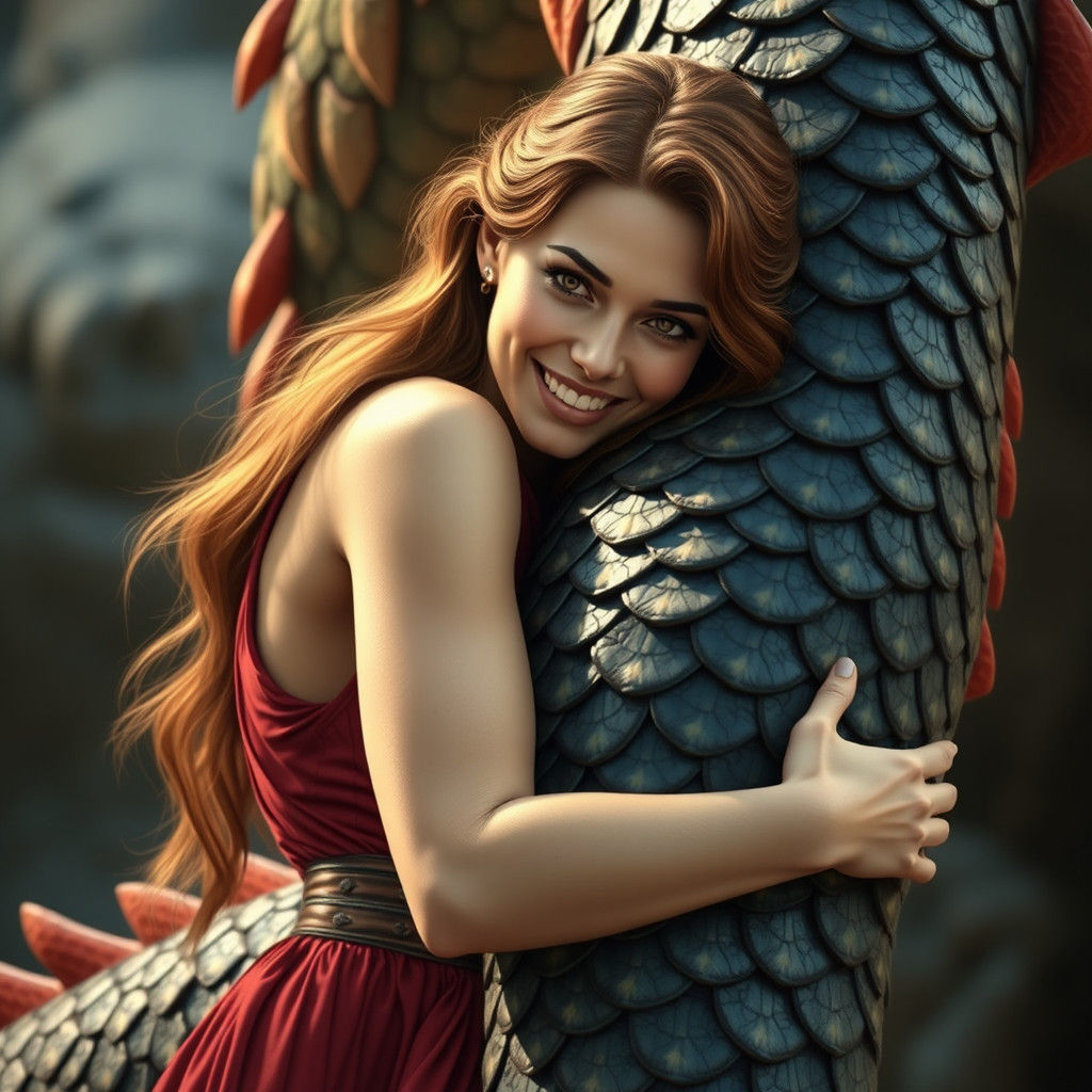 Woman Hugging Dragon Leg in Hyperrealism