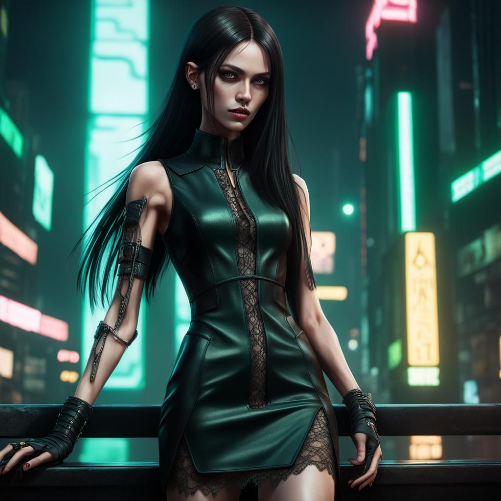 Cyberpunk Girl in Black Dress, 3D Render