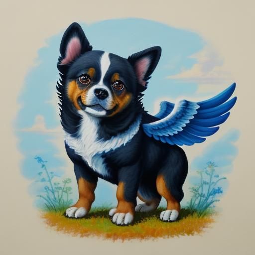 Dog with Wings: Detailed Gouache Painting