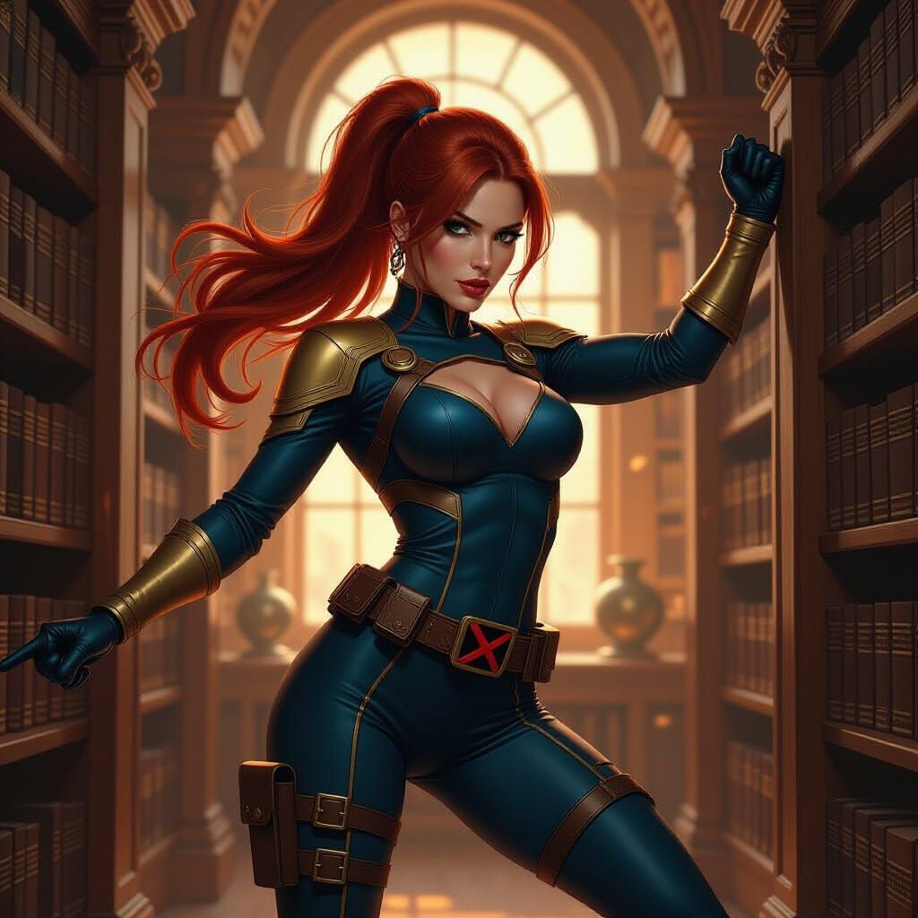 Dynamic Redhead Heroine in Fantasy Library, Digital Oil Pain...
