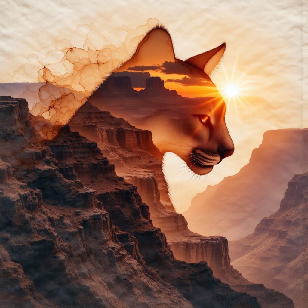 Grand Canyon Double Exposure With Mountain Lion Silhouette