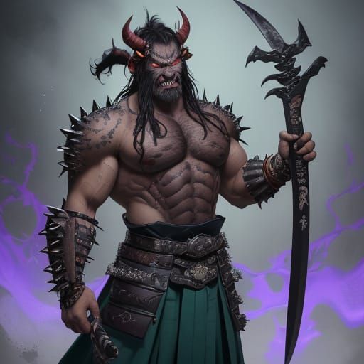 Fearsome Demon Warrior with Oni Mask and Katanas