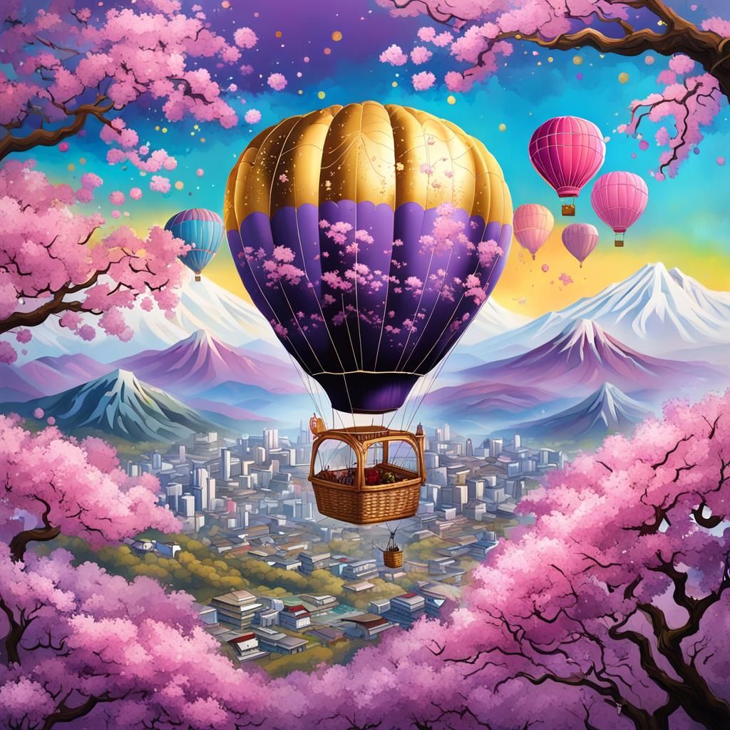 Hot Air Balloon over Cherry Blossoms in Graffiti Art