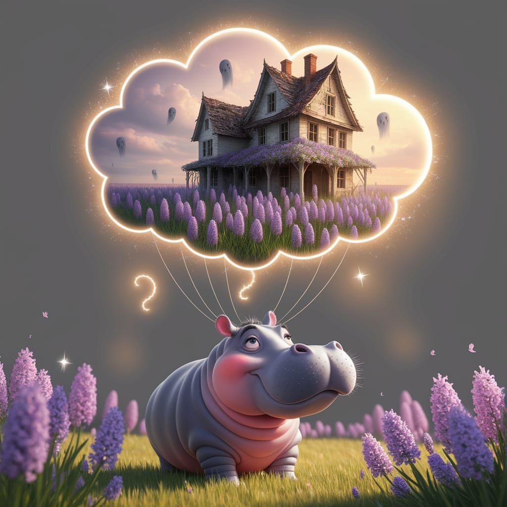 Dreamy Hippo with Haunted House Balloon