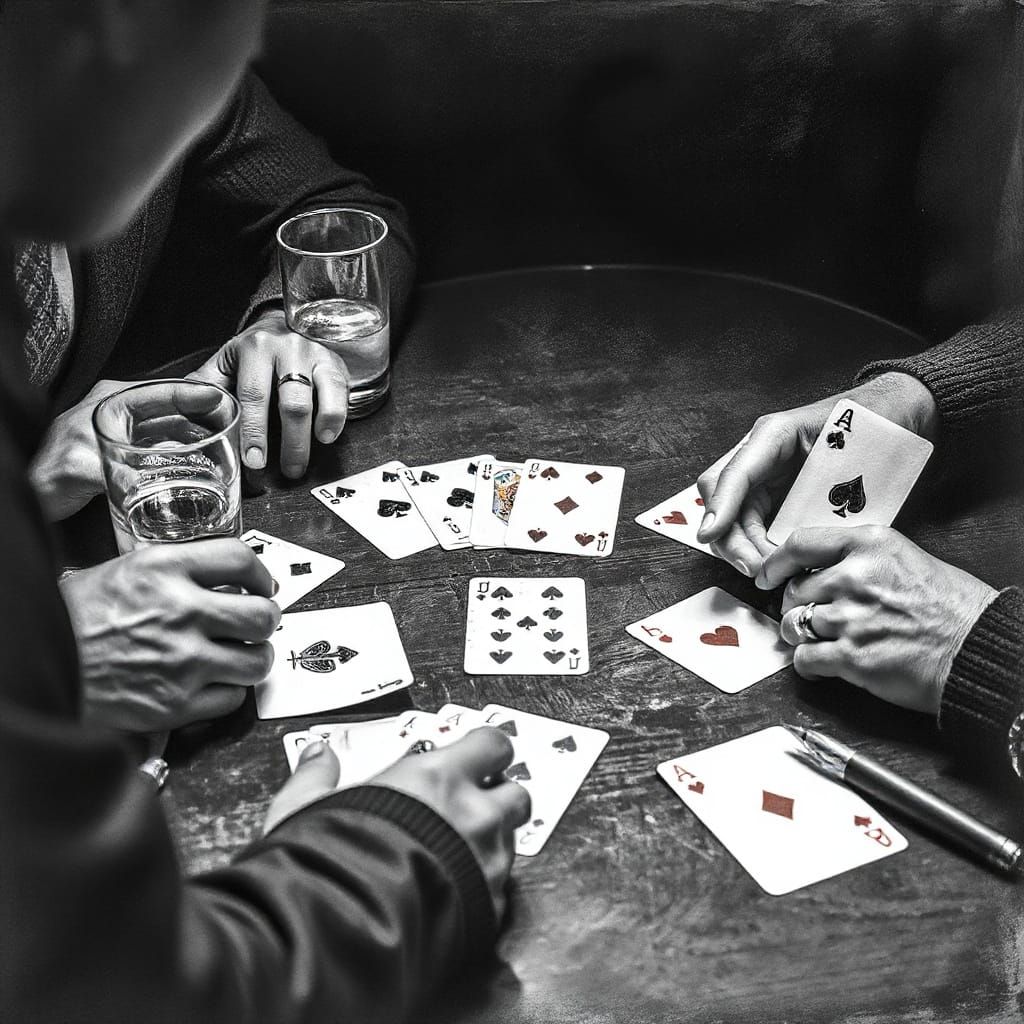Gin Rummy Hand in Charcoal Drawing