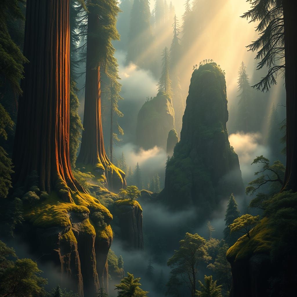 Majestic Redwood Forests in a Fantastical, Cinematic Scene