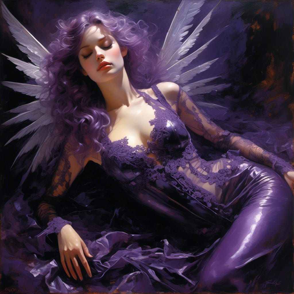 Gothic Angel in Latex Lingerie: Hyperreal Oil Painting