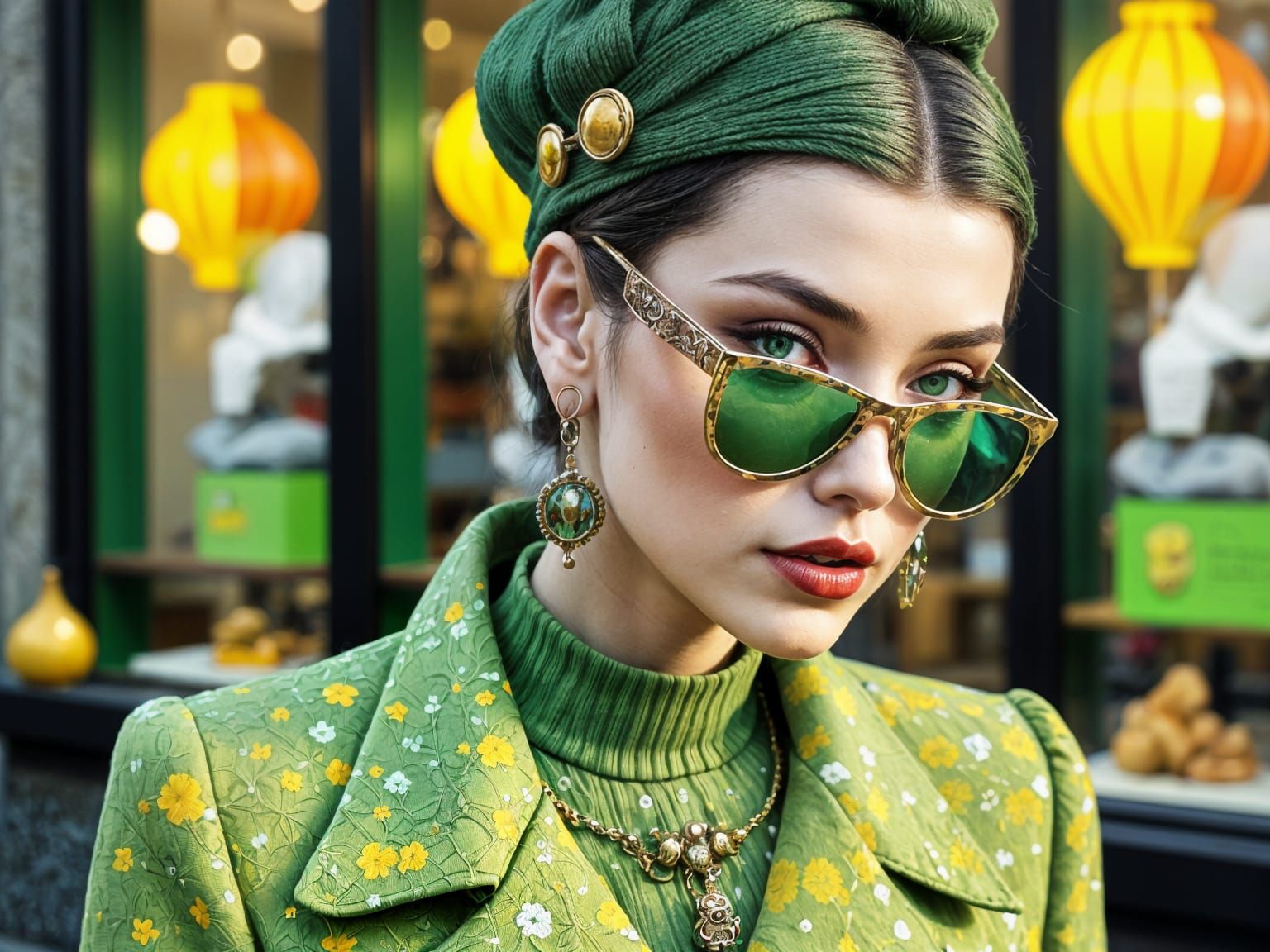 Stylish Woman in Green Outfit with Shop Window