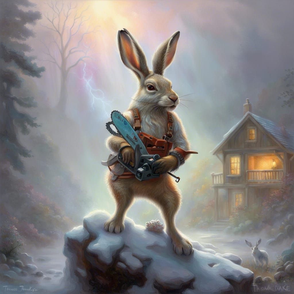Jackalope with Chainsaw in Ethereal Fantasy Landscape