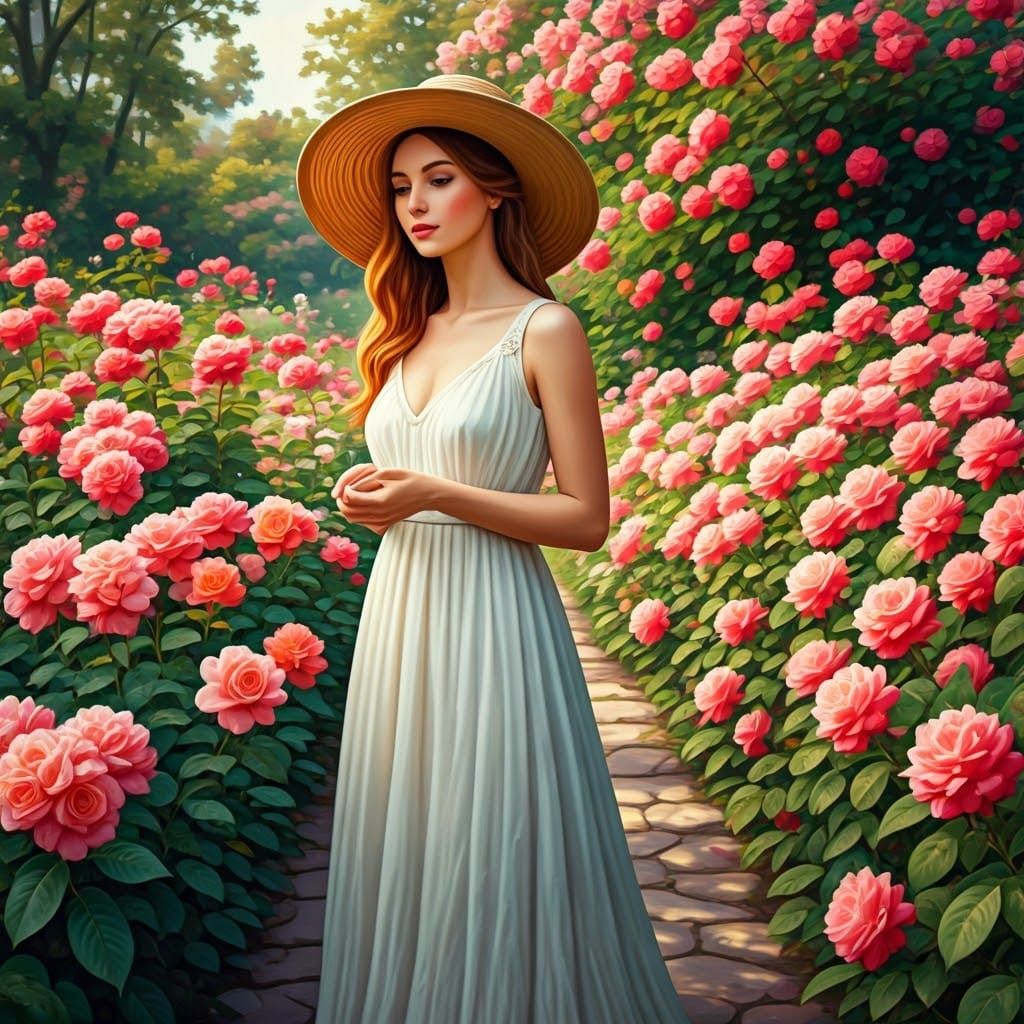 Vibrant Woman in a Lush Rose Garden, in Impressionist Style