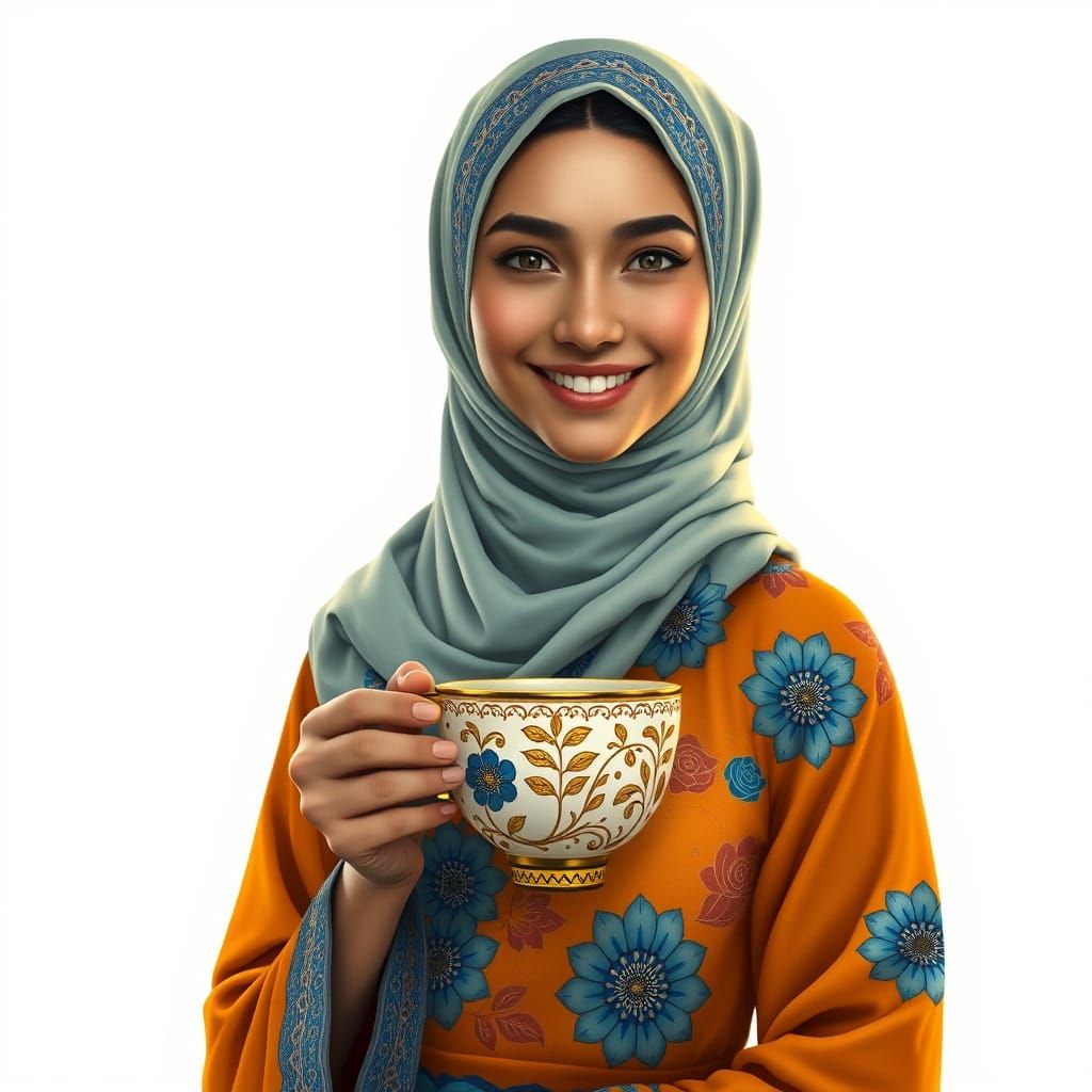 Elegant Muslim Woman Holds Ornate Coffee Cup in Delicate Scr...