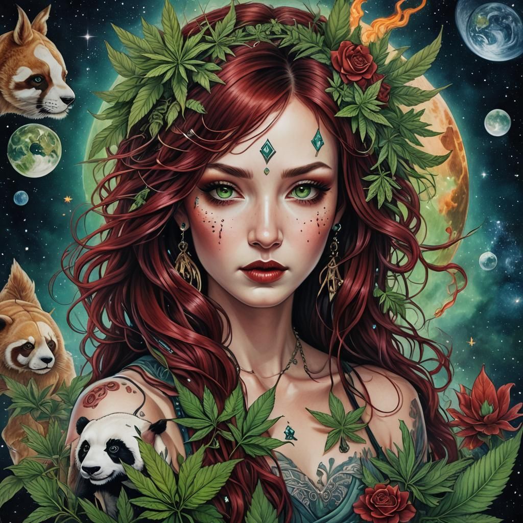 Virgo Goddess with Cannabis Hair, Hyperrealistic Art