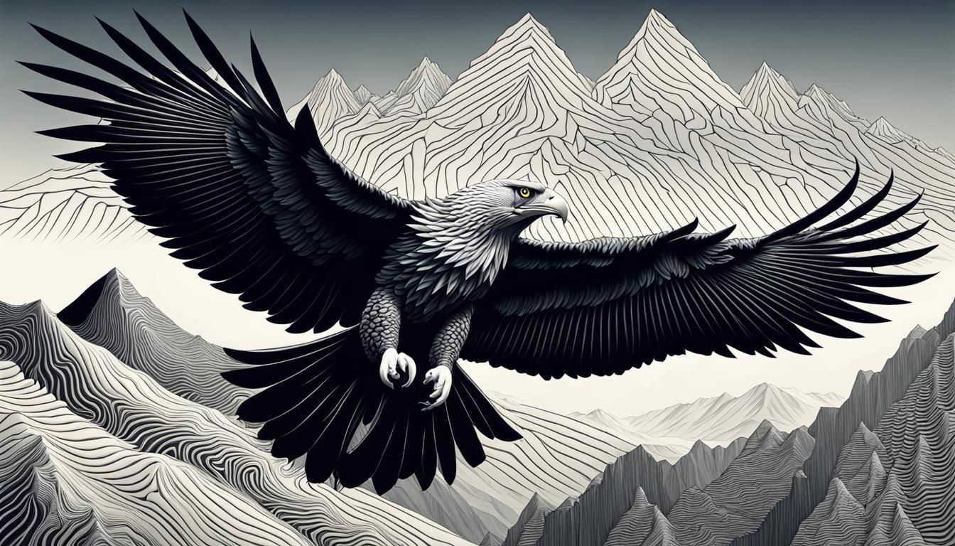 A king eagle flying high in the sky with mountains in the view