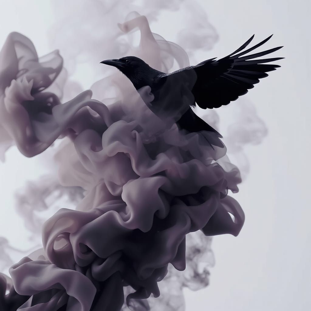Obsidian Crows Dissolve into Velvet Smoke Surreal Art
